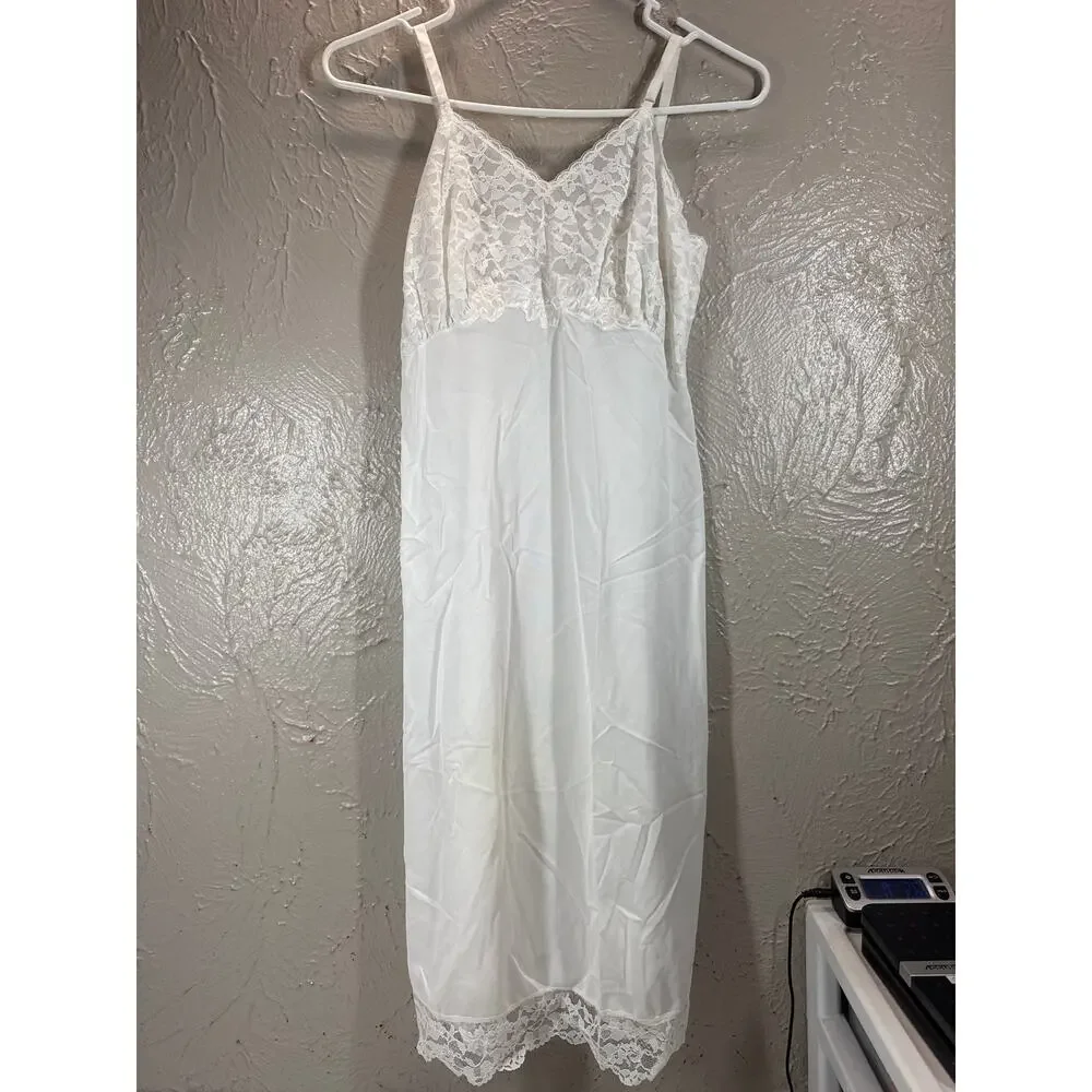 Vintage Seamprufe Womens Slip Dress Short White Satin Lace Victorian 60s Size 34